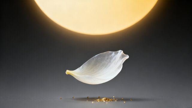 The warm and round moon sets off the suspended and translucent thin white jade petals, representing the concept of night repair, petal essence, soothing and stable skin care before sleep

