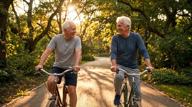 senior married couple riding bicycles together in a sunny park
