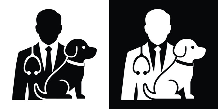 Veterinary doctor avatar vector icon featuring a male clinician silhouette with a stethoscope alongside a sitting dog. Black and white set.