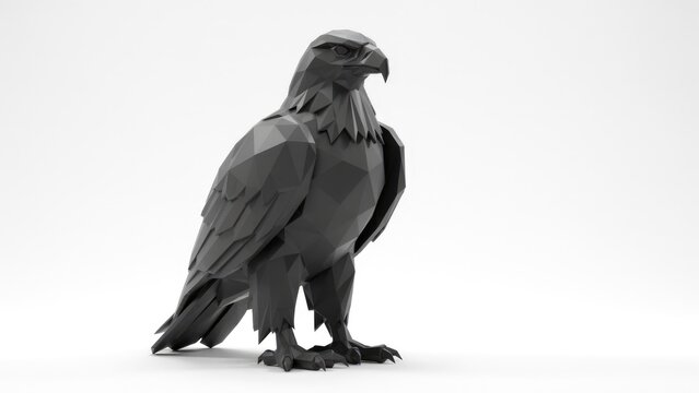 Black low poly eagle bird of prey 3D geometric sculpture isolated on white