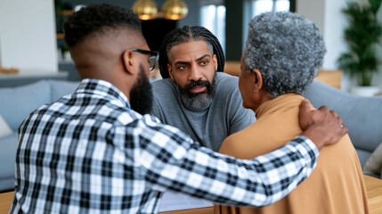 Fototapeta premium Adult sons comforting elderly mother during serious family conversation, embrace and support at home, multigenerational care and healthcare discussion.