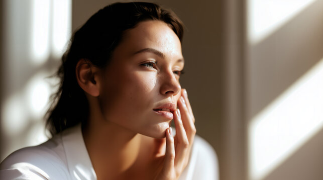 Woman touching soft glowing skin near sunlit window, gentle natural light, calm skincare moment highlighting healthy hydrated complexion and self-care routine.