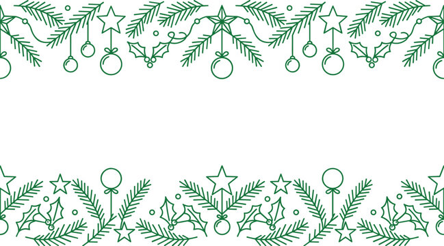 Christmas horizontal seamless border frame with green line art pine branches stars baubles and holly leaves on white background