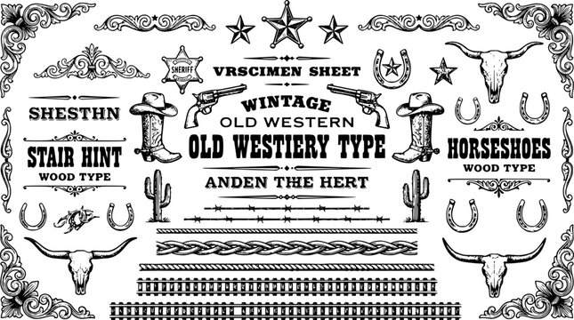 A large collection of old western design elements, embellishment, borders and divider lines.