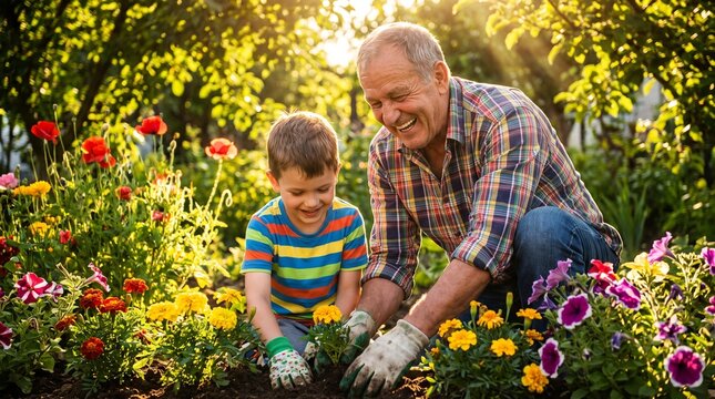 grandfather and grandson planting flowers together in a sunny garden