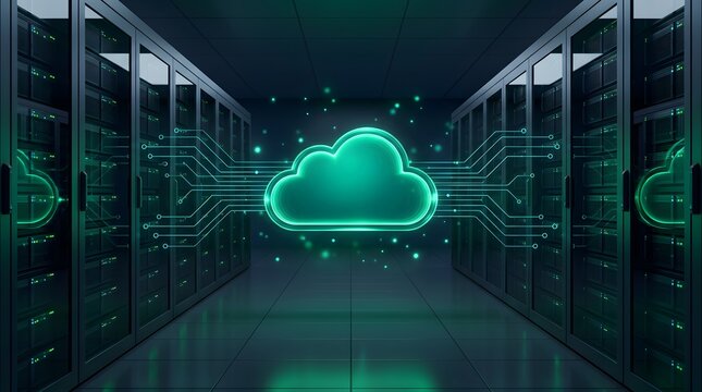 Cloud computing infrastructure visualization with glowing green cloud icon in modern data center aisle for data storage and network security