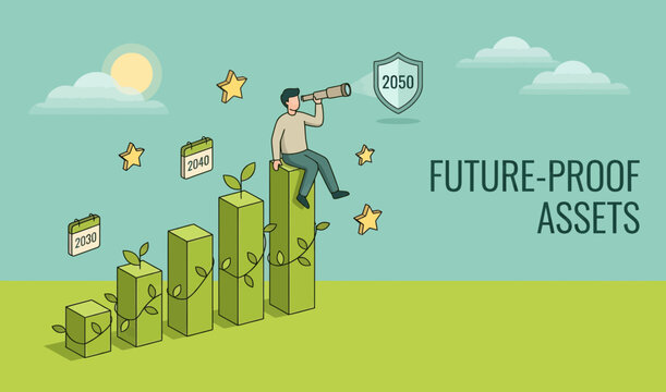 Man Sees 2050 Goal Via 2030 2040 Bar Chart ESG Plan Future Proof Assets Biz