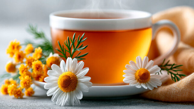 Hot herbal chamomile tea in white cup with fresh flowers creating cozy wellness atmosphere and natural relaxation
