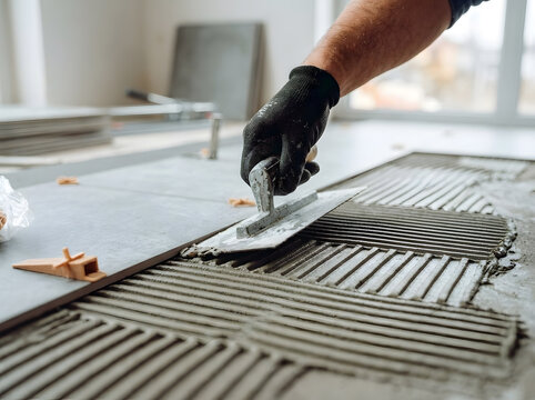 Professional Tiler Applying Adhesive Glue to Floor Using Notched Spreader Trowel | Floor Tiling Installation Process with Thinset Mortar and Leveling Wedges Spacers | Construction Worker 
