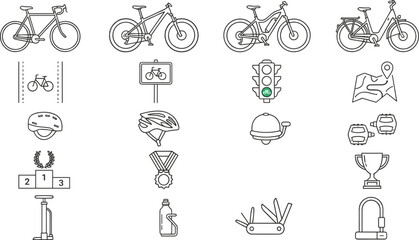 Fototapeta premium Cycling Infrastructure and Bicycle Service Collection with Bike Lane, Safety Equipment, and Urban Mobility Outline Illustrations