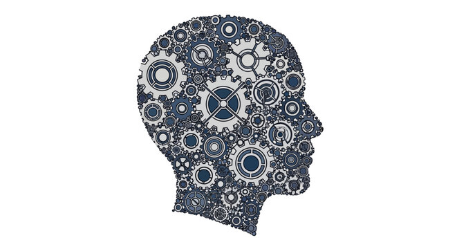Cogs and gears forming a human head silhouette thinking brain