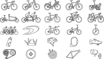 Bicycle Types and Cycling Equipment Collection with Road Bikes, Mountain Bikes, Accessories, and Component Illustrations © Minara