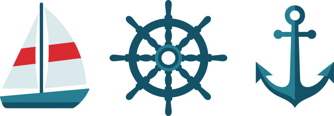 Nautical Maritime Vector Icon Set with Sailboat Ship Wheel Steering Helm and Anchor Flat Graphic Assets © Sobuj