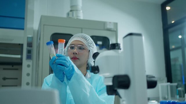 Female scientist analyzing test tube samples and using microscope in a modern research laboratory for medical development