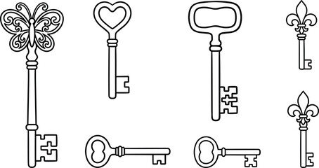 Vintage Antique Key Outline Vector Icon Set with Butterfly Heart Fleur de Lis and Ornate Victorian Bow Decorative Shapes © Sobuj