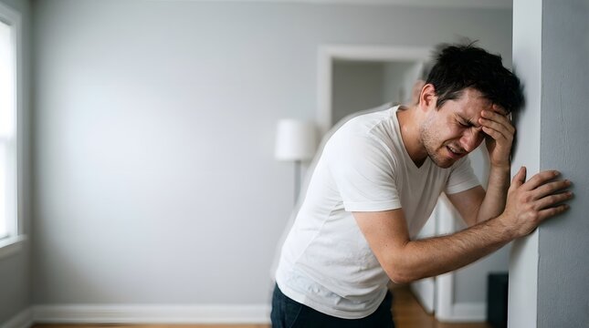 Man suffering from severe lower back pain leaning against a wall