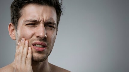 Naklejka premium Young man looking stressed while touching his jaw in pain
