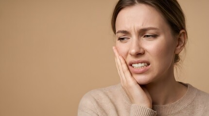 Obraz premium Woman experiencing a sharp toothache touching her cheek in pain
