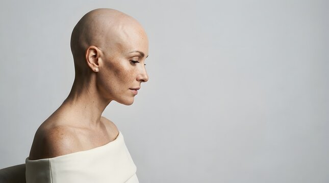 Profile portrait of a brave bald woman facing a medical challenge