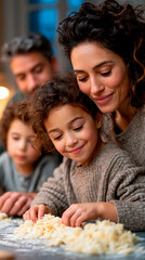 Fototapeta premium Happy family baking together in cozy kitchen with mother father and children preparing homemade dough and creating joyful memories