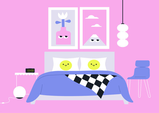 This inviting bedroom features a playful color scheme with a purple bedspread, cheerful decor, and quirky artwork, The unique design encourages positivity and joy throughout the space
