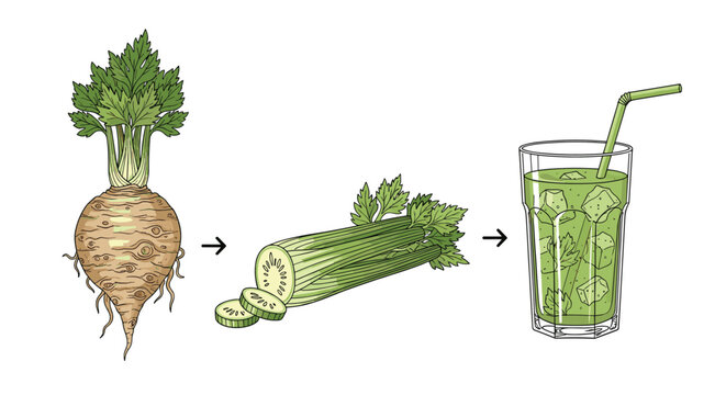 Educational illustration depicts the process of celeriac transforming into celery stalks and finally into a healthy glass of fresh green juice.