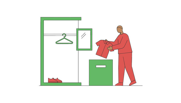 Man wearing a red outfit holding a red collared shirt next to a tall green closet and a green storage bin with shoes on the floor.
