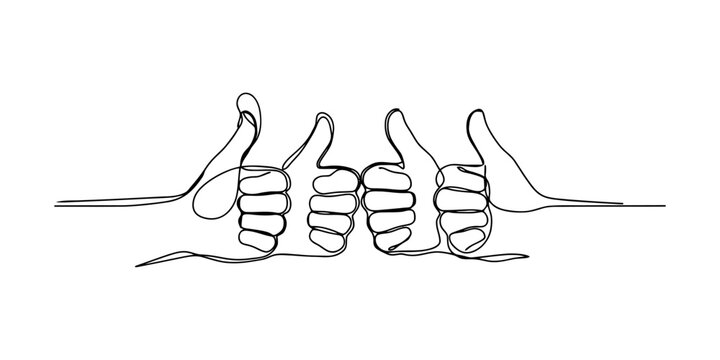 Continuous single line drawing of two hands showing thumbs up gesture for success and approval