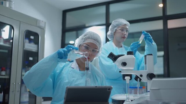 Scientists working in a modern laboratory mixing chemical solutions for research and development