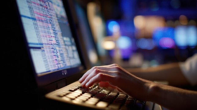 Medium shot of a lab assistant entering specimen data from secure night drop collection into a computer system with the dropbox area gently out of focus.