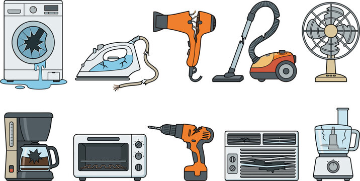 Broken Home Appliances Vector Set with Leaking Washing Machine Broken Hairdryer Shattered Coffee Maker Damaged Vacuum Cleaner and Defective Air Conditioner for Recycling Graphics