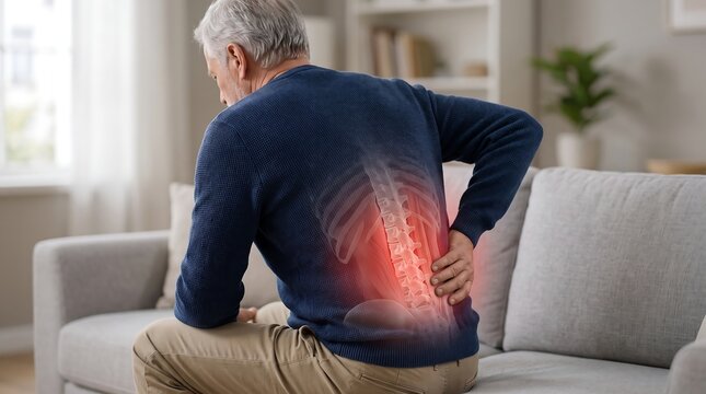 Senior man suffering from lower back pain with spine visualization