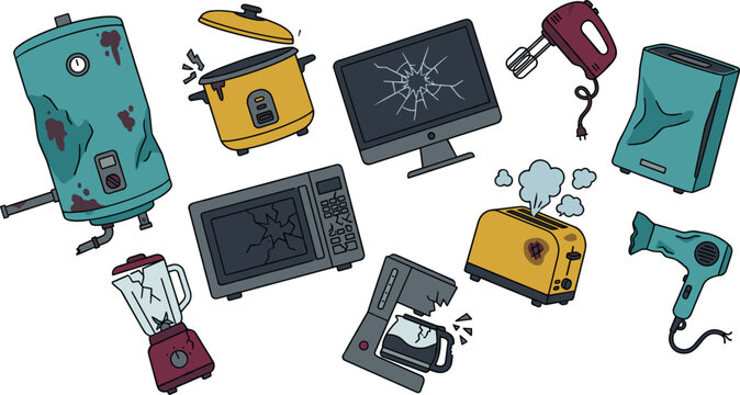 Broken Home Appliances Vector Set with Smoking Toaster Shattered Computer Screen Dented Boiler Broken Rice Cooker Coffee Maker and Damaged Microwave for Recycling Designs