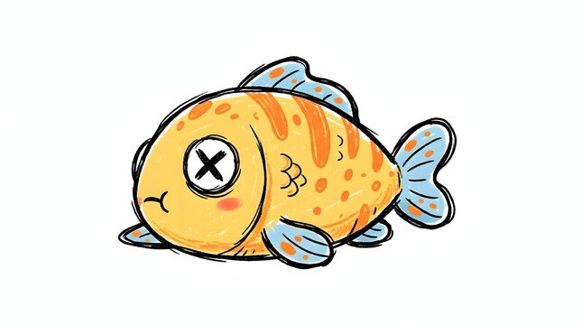 Cartoon illustration of a dead fish with orange spots and blue fins