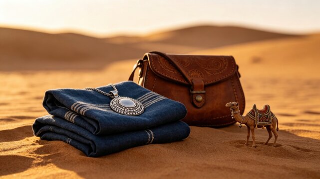Tuareg pendant and indigo fabric with leather bag on sand, Sahara nomadic trader concept.