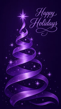 Purple ribbon Christmas tree with glowing stars and Happy Holidays text