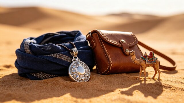 Tuareg pendant and indigo fabric with leather bag on sand, Sahara nomadic trader concept.