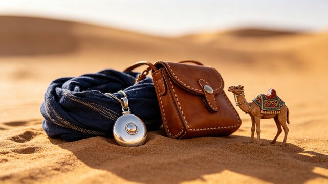 Tuareg pendant and indigo fabric with leather bag on sand, Sahara nomadic trader concept.