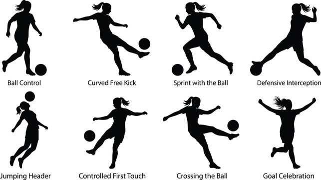 Soccer Player Silhouettes Depicting Ball Control Free Kick and Goal Celebration