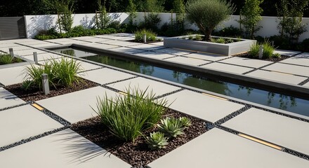 Fototapeta premium Modern minimal garden with rectangular pond and stone paving, clean lines and green plants.