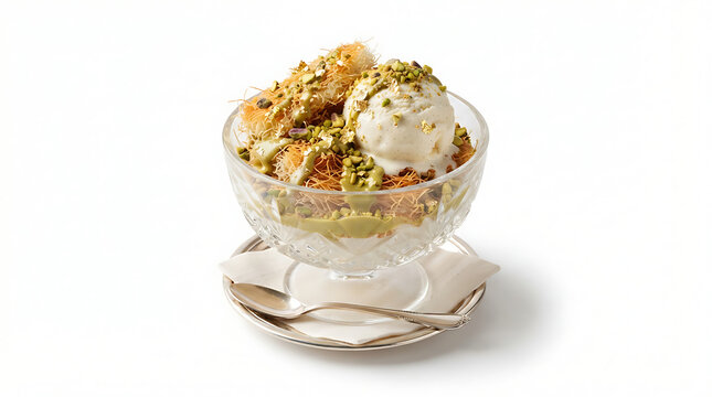 Close up of luxurious kunafa ice cream dessert in glass cup with pistachios and syrup drizzle