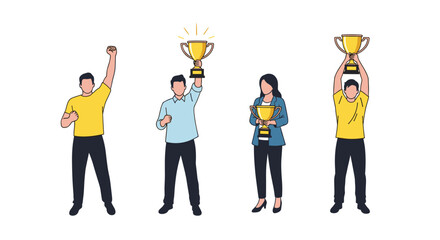 Obraz premium Successful business professionals celebrating their achievements by holding up golden trophies on a white background.