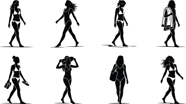 Swimwear Silhouettes Depicting Beach Walking Leisure and Summer AccessoriesSwimwear Silhouettes Depicting Beach Walking Leisure and Summer Accessories