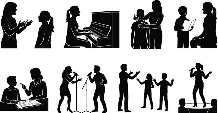 Teaching and Performance Silhouettes Depicting Education Music and Communication Scenes