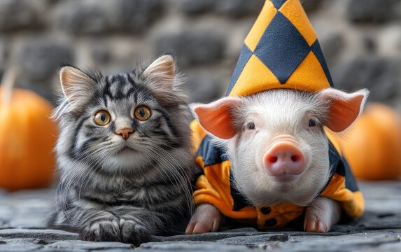 Adorable Maine Coon Cat and Mini Pig Dressed in Halloween Costumes