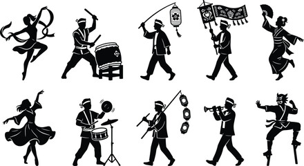 Traditional Festival and Cultural Performance Silhouettes Featuring Musicians, Dancers, and Lantern Bearers © Sabbir's World