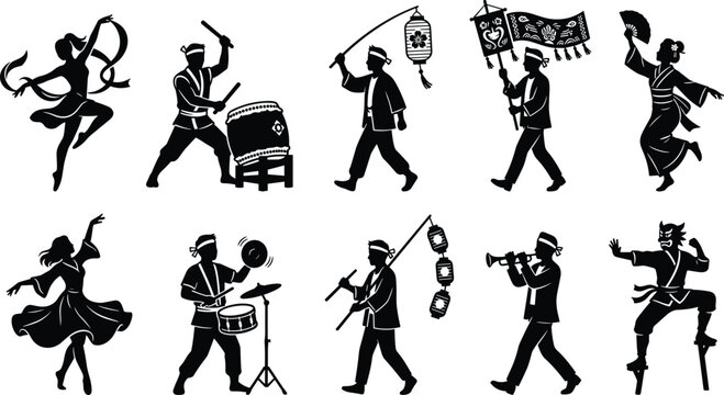 Traditional Festival and Cultural Performance Silhouettes Featuring Musicians, Dancers, and Lantern Bearers