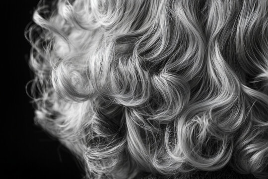 Close up of soft wavy gray hair on a senior in black and white, silver hair texture background