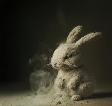 Fluffy dust bunny shaped like a rabbit sitting in a cloud of dust