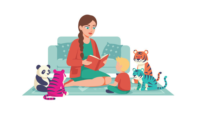 Young woman with a braided hairstyle reads a storybook to a small boy sitting on a rug surrounded by stuffed toy animals in a living room.